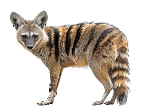 A side view of a solitary aardwolf with distinct stripes and pointed ears on transparent background.