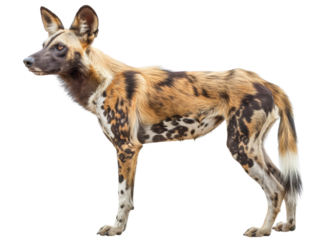 An African Wild Dog standing, showing its distinctive spotted fur and sharp ears on transparent background.