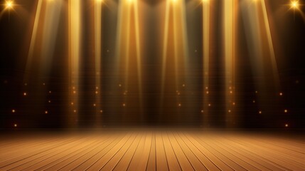 A wooden stage illuminated by golden light spotlights.