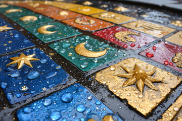 Beautiful colorful mosaic tiles with golden stars and drops of water.