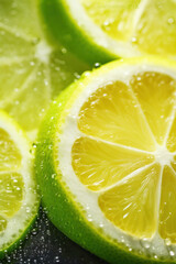 Close up of Lemon and lime slices drop in fizzy sparkling water, juice refreshment.