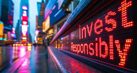 Fototapeta premium Invest Responsibly message on a digital stock market display promoting ethical investing, moral investment decisions, and financial responsibility