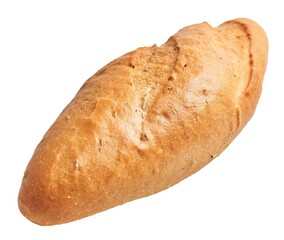 Isolated loaf of freshly baked bread on a white background, depicting bakery, food, and nutrition.