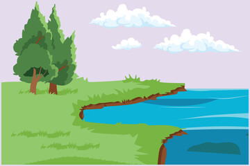Obraz na płótnie Canvas Landscape with green grass, trees, sky horizon and Mountains. Nature concept. Colored flat vector illustration isolated.