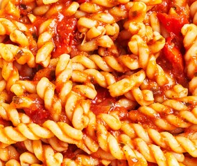 Close-up of fusilli pasta in tomato sauce, suggesting a delicious italian meal without any people present.