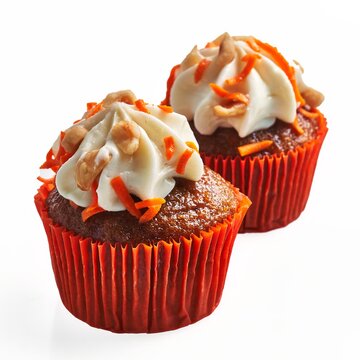 Two cupcakes with creamy frosting and orange sprinkles isolated on a white background.