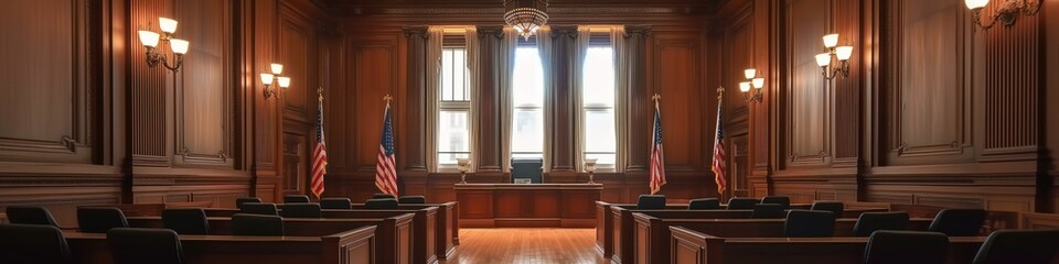 empty american courtroom,  with chairs flag and chandelier, us