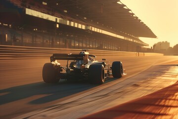 formula one car back view on the track while driving