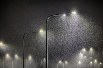 Mocne opady śniegu widok lampy. Zimowa zamieć - obrazy, fototapety, plakaty