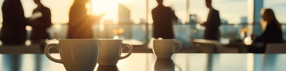 cups of coffee close up with office workers background