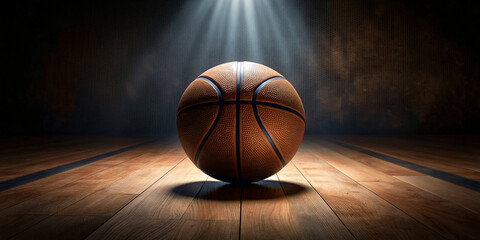 basketball ball on wooden floor in a sports setting - obrazy, fototapety, plakaty