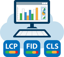 Core Web Vitals concept with computer displaying a set of LCP, FID, CLS metrics. It measures the speed, interactivity, and visual stability of a webpage.