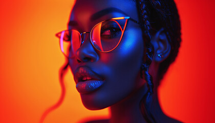 Portrait of fashion young girl in cool glasses in red and blue neon light in the studio