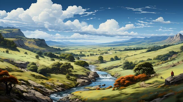 A top view of a serene countryside with a winding river snaking through the landscape, and blue skies with scattered clouds above, creating a peaceful and picturesque scene