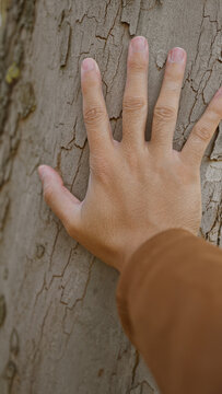 A man's hand with visible details of the skin texture gently touches the rough surface of a tree trunk in a natural setting.