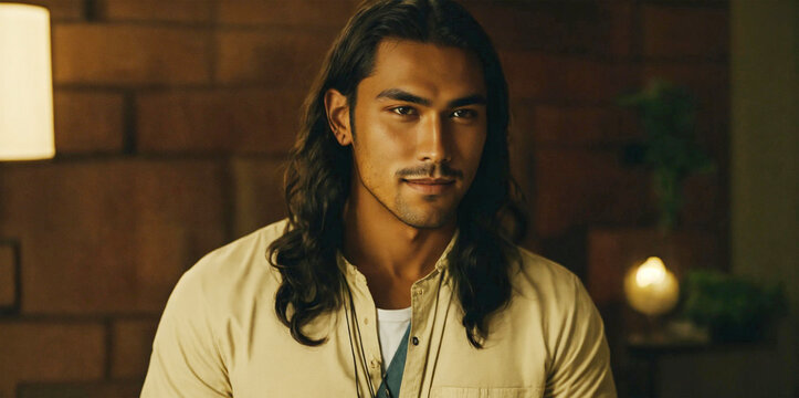 Hansom young man with long hair - Native american - AI generated