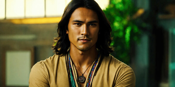 Hansom young man with long hair - Native american - AI generated
