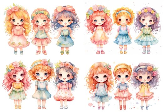 watercolor painting style illustration of cute happy spring  girls, isolated on white background, collection set,  generative Ai	
