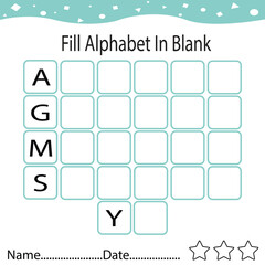Fill the missing alphabet worksheet page for children, online education, kids activity
