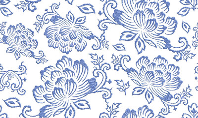 Fototapeta premium Ikat floral paisley embroidery on a white background. Ikat ethnic oriental seamless pattern is traditional. Aztec-style abstract vector illustration. design for texture, fabric, clothing, wrapping