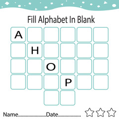 Fill the missing alphabet worksheet page for children, online education, kids activity