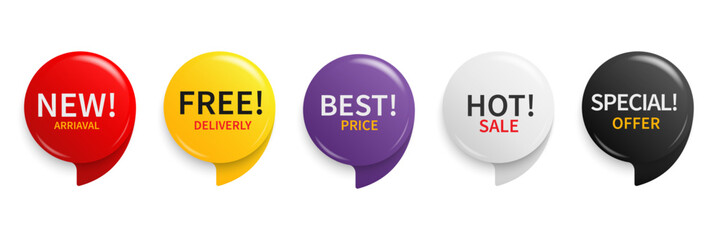 Promotions are colorful round speech bubble shape. discount promo sticker set. Text on label, Sign for advertising, banners, template and decorate. Vector illustrations isolated on white background.