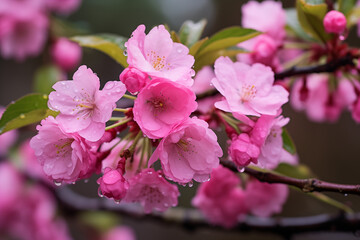 Fototapeta premium A gentle spring rain shower in a blossoming cherry blossom garden with pink petals, generated by ai
