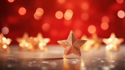 Gold christmas stars with christmas glowing golden red on a red blurred bokeh background.
