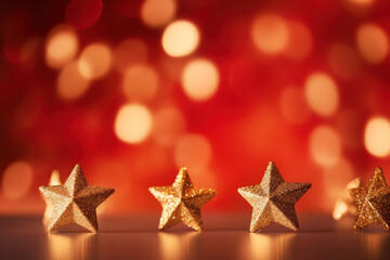 Fototapeta na wymiar Gold christmas stars with christmas glowing golden red on a red blurred bokeh background.