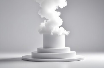 Round white pedestal on a white background, on a background of smoke.