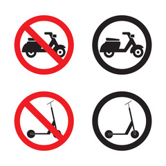 Icono de moto y patinete. Aparcar y no aparcar. Vector
