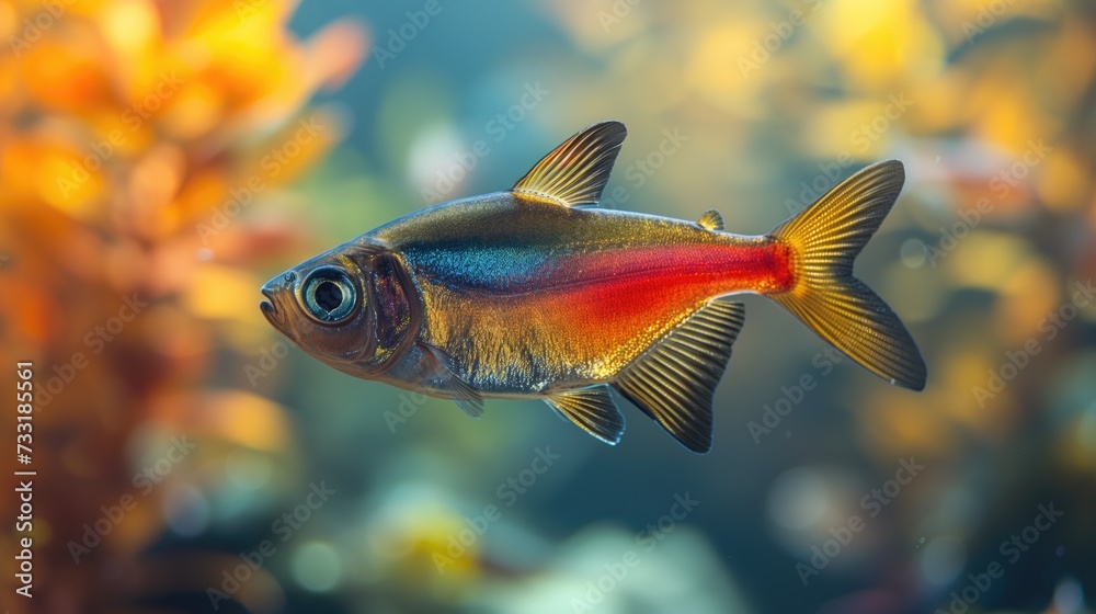 Wall mural neon tetra fish with colorful aquarium background