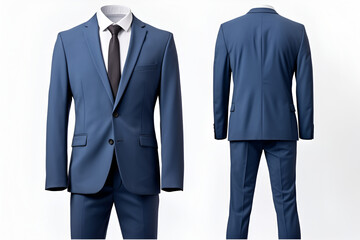 Mockup Fashionable classic blue suit with trousers and jacket with white shirt and tie on white background. Place for design, print and showcasing. Generate Ai.