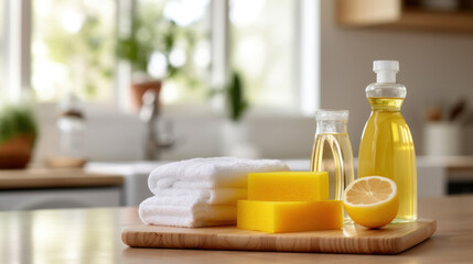House cleaning concept, Rags, natural sponges and cleaning products. Modern kitchen interior in the background.