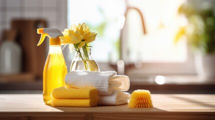 House cleaning concept, Rags, natural sponges and cleaning products. Modern kitchen interior in the background. - obrazy, fototapety, plakaty