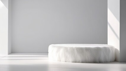 Fototapeta na wymiar A round fluffy white pedestal on a white background. A shaggy catwalk.