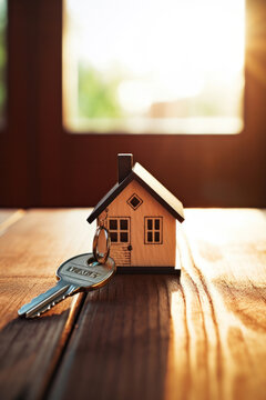 House key on a house shaped keychain resting on wooden floorboards concept for real estate.
