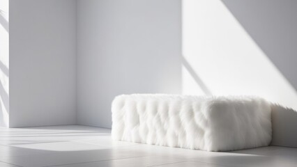 Fototapeta na wymiar Box rectangle fluffy white pedestal on a white background. A shaggy catwalk.