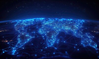 abstract design of network technology world map, in the style of motion blur panorama, flat backgrounds, luminous seascapes,dark sky blue and dark black