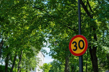 Speed limit zone 30 km. Road sign on pole at residential area, maximum transport limitation.