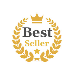 Best seller vector golden tag. Laurel wreath and a crown label icon.