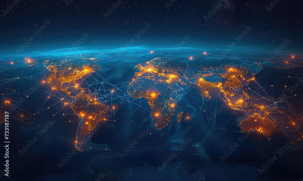 Wall mural a screen with a digital map of the world with network connections between nations representing inter