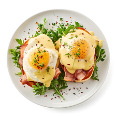 Breakfast with egg Benedict isolated top view on white background