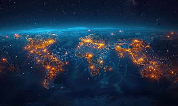 a screen with a digital map of the world with network connections between nations representing international trading, color palette of blue and yellow