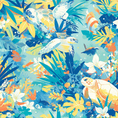 Ocean turtles as a background on a seamless tile, ai generated