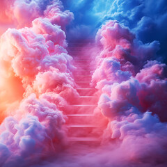A mesmerizing visual of a staircase rising into a surreal, colorful sky with fluffy, pink-tinged clouds, embodying a journey toward dreams and aspirations