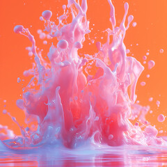 A dynamic explosion of coral pink paint captured in mid-air, with droplets suspended against a striking orange background, resembling a fluid dance frozen in time.