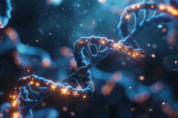 Illustration of genetic DNA strand on dark background - obrazy, fototapety, plakaty