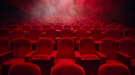 Red velvet theater seats bathed in soft light, inviting viewers to immerse themselves in a film