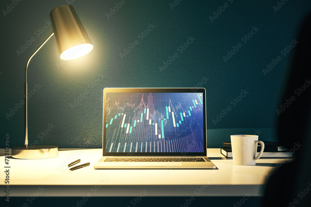 Poster modern computer screen with abstract financial diagram, banking and accounting concept. 3d rendering